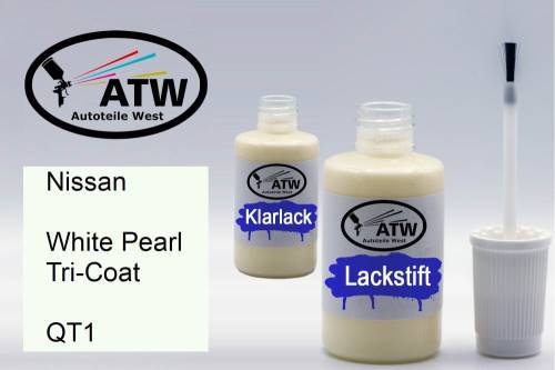 Nissan, White Pearl Tricoat, QT1: 20ml Lackstift + 20ml Klarlack - Set, von ATW Autoteile West.